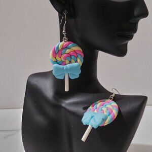Whimsical Candy Swirl Lollipop Earrings – Pastel Rainbow with Blue Bow